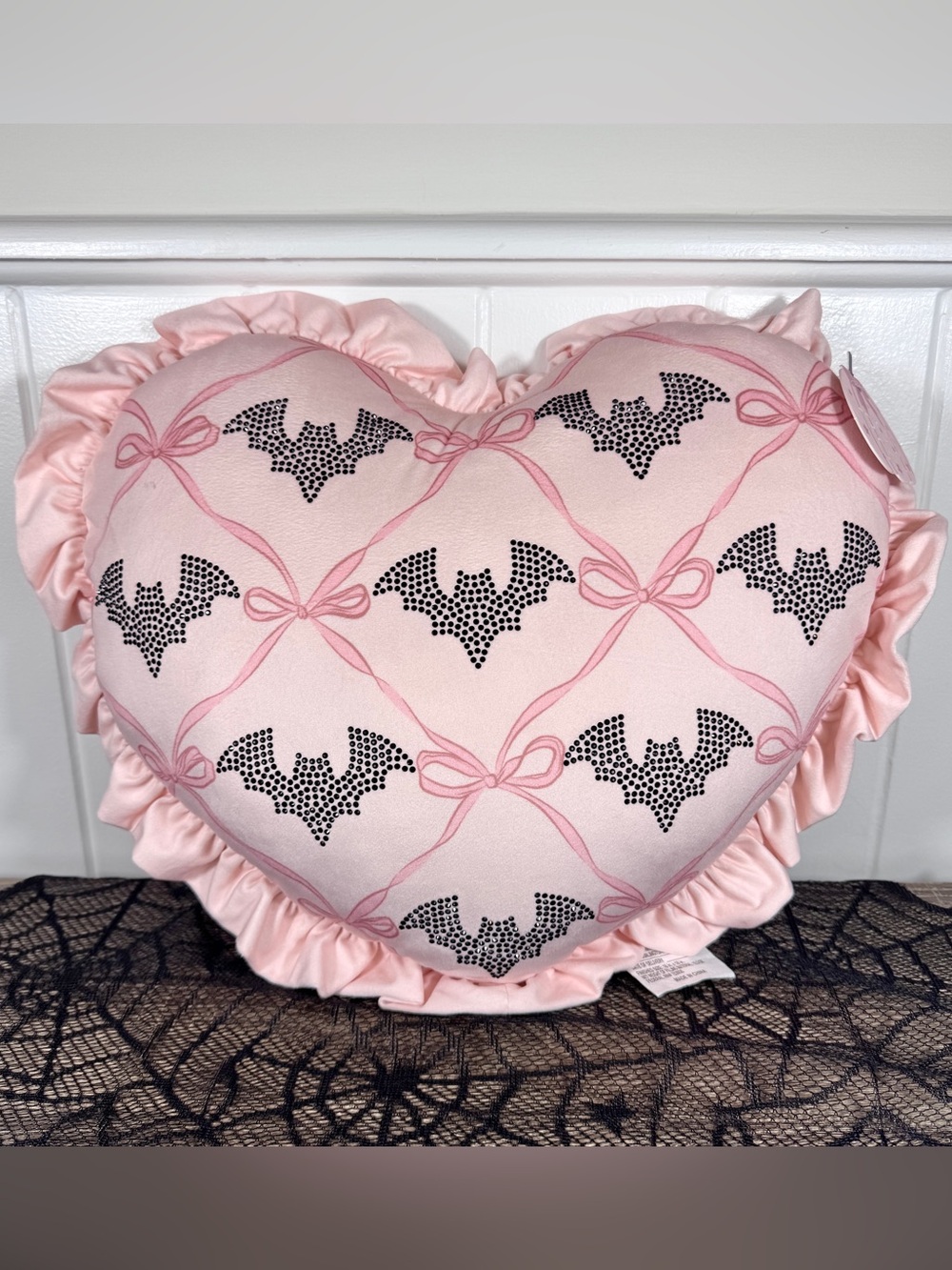 NEW Trick Or Chic Pink Heart with Bedazzled Bats Halloween Pillow